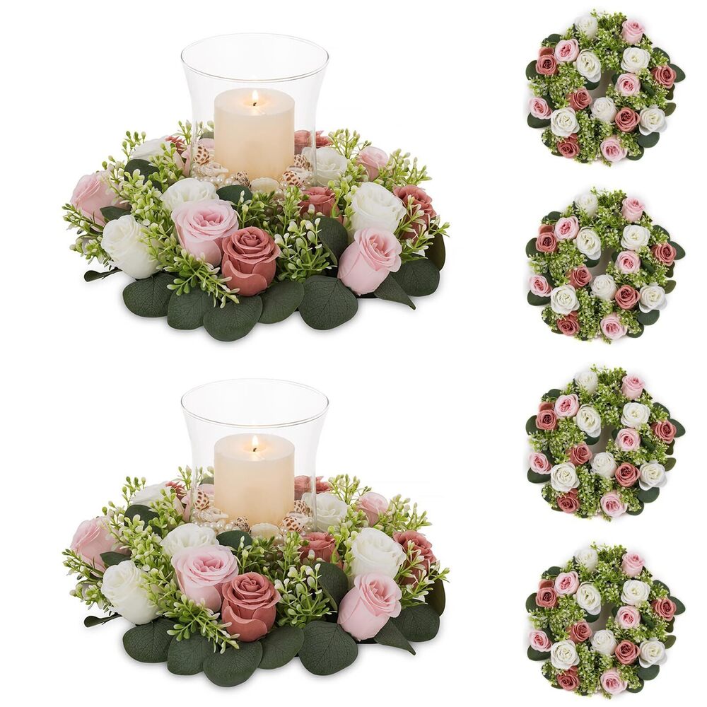 5151 Flower Candle Rings for Centerpieces: 13.4 Inch Artificial Rose Wreath